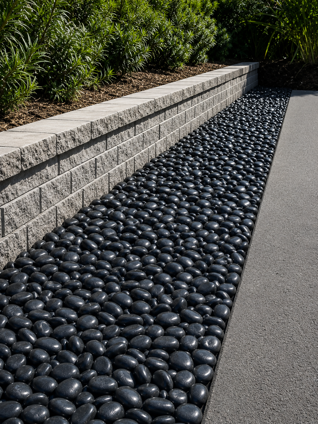 Retaining wall with river rock drainage border